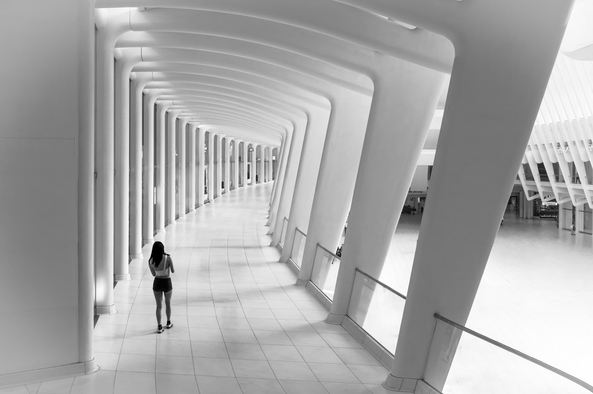 A solitary figure stands in a long, curving white colonnade inside the Oculus, ribbed arches receding into bright light.